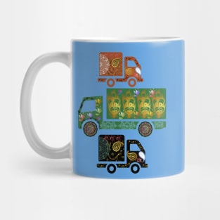 Brown green black truck art motif illustration with paisley design pattern Mug